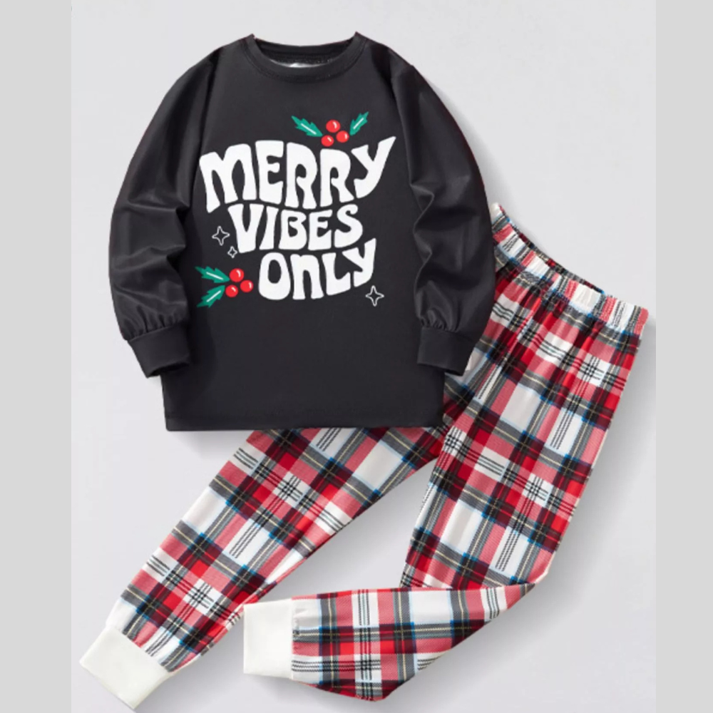 Children's Christmas Round Neck Top and Plaid Pants Set