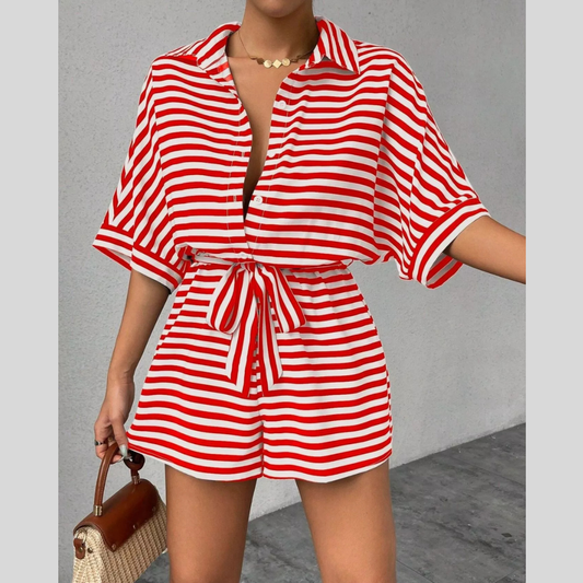 Striped Button Front Half Sleeve Romper