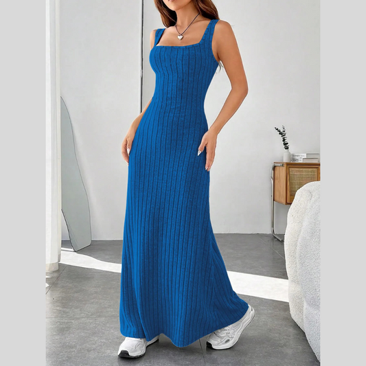 Ribbed Knit Square Neck Sleeveless Maxi Dress