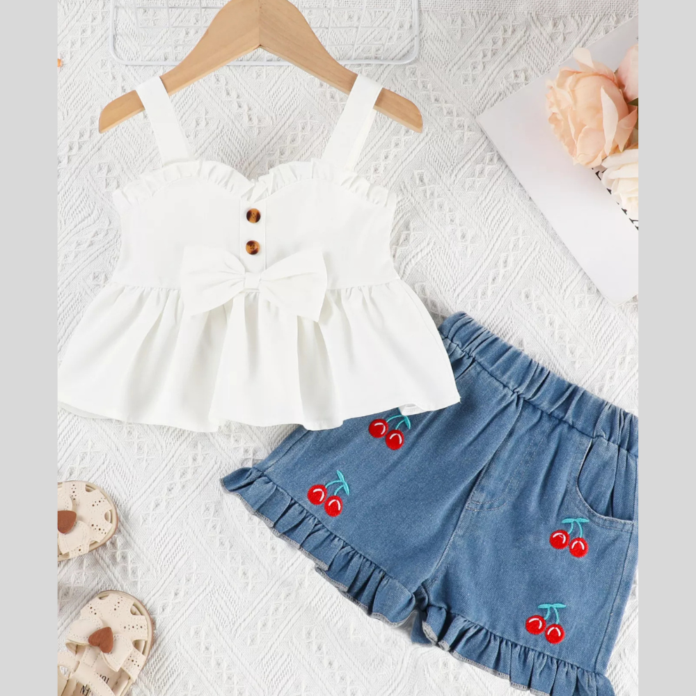 Children's Ruffle Trim Top & Denim Shorts Set