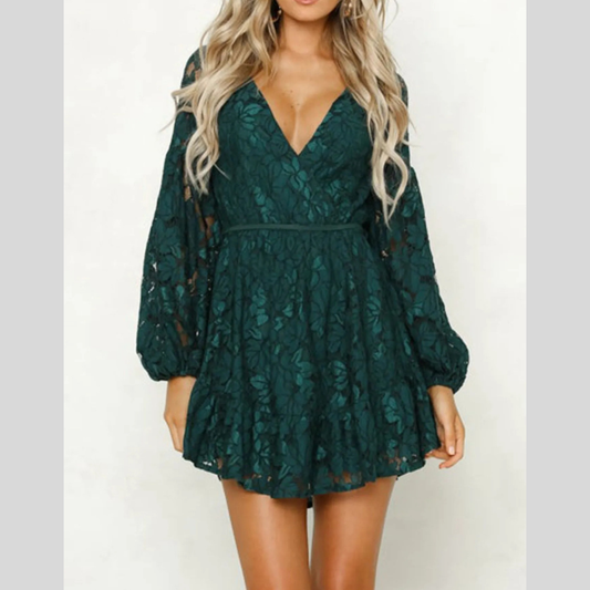 Lace V-Neck Long Sleeve Mini Dress