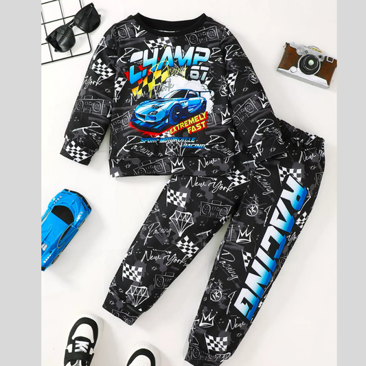 Children's Racing Car Print Long Sleeve Sweatshirt and Pants Set