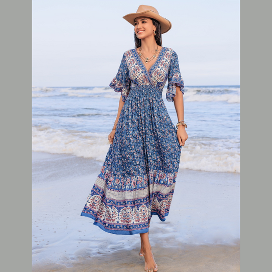 Ruched Printed Flounce Sleeve Midi Dress