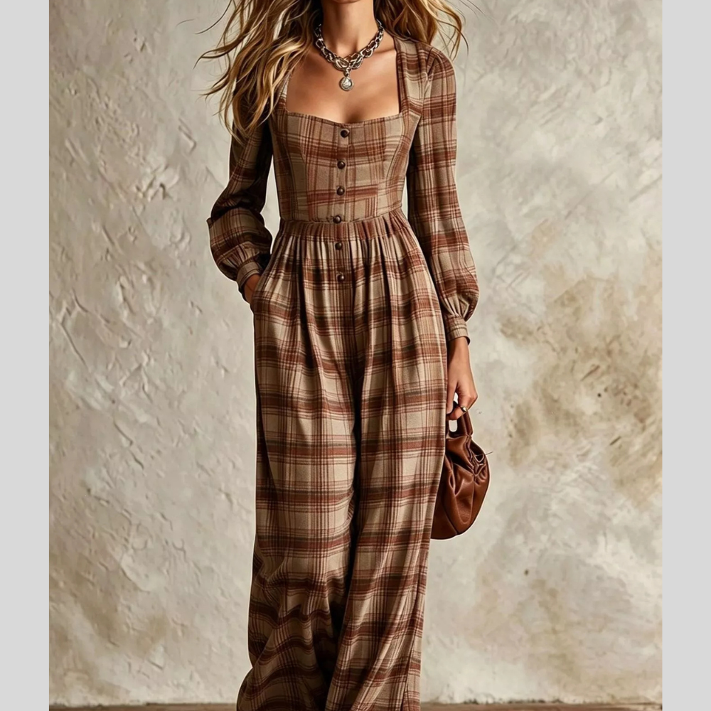 Plaid Square Neck Long Sleeve Wide Leg Jumpsuit