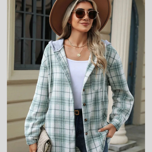 Drawstring Plaid Button Up Hooded Jacket