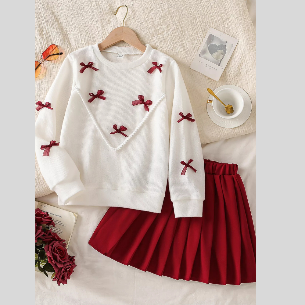 Children's Bow Long Sleeve Top and Skirt Set
