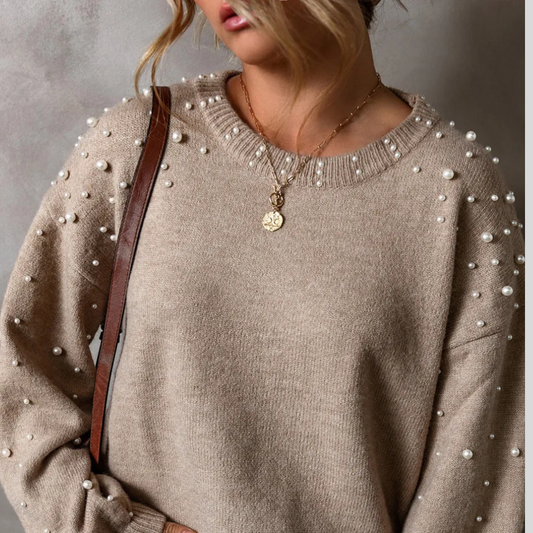 Plus Size Pearl Detail Round Neck Long Sleeve Sweater