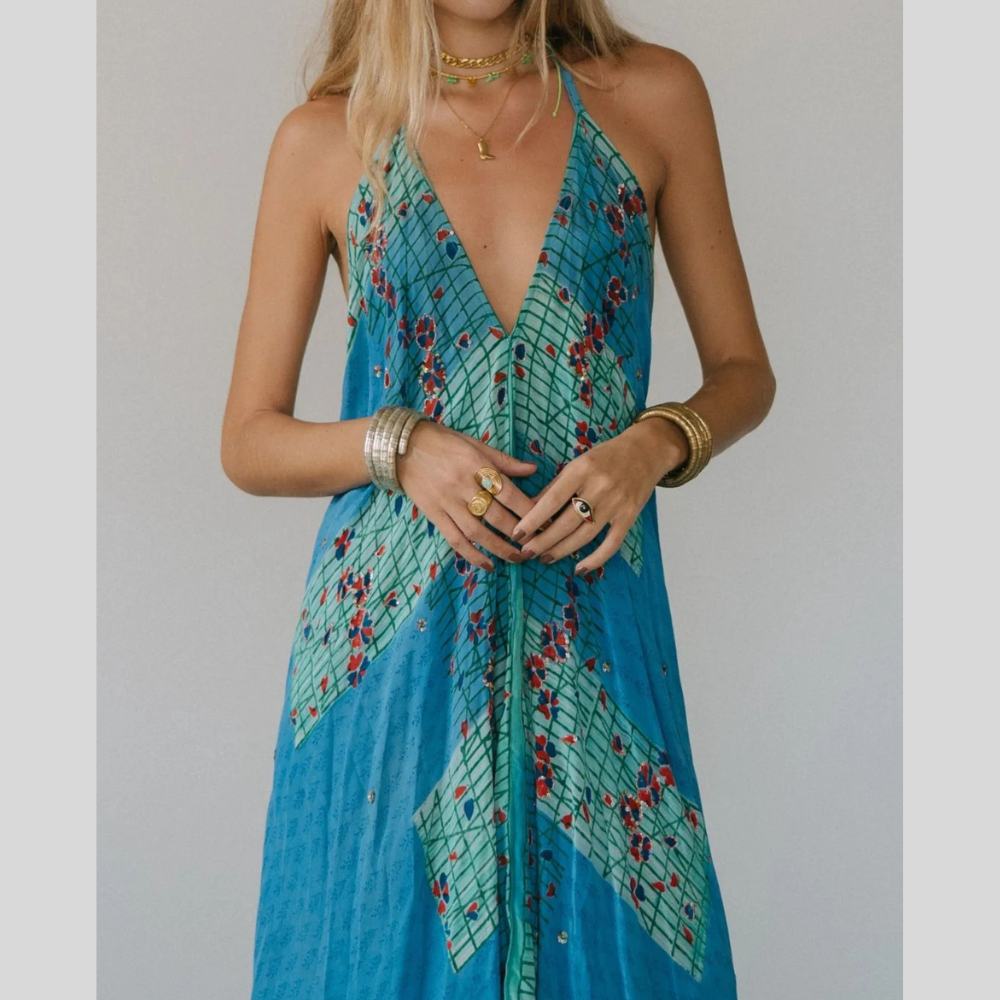 Backless Printed Halter Neck Maxi Dress