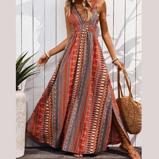 Tied Back Printed Sleeveless Maxi Slit Dress