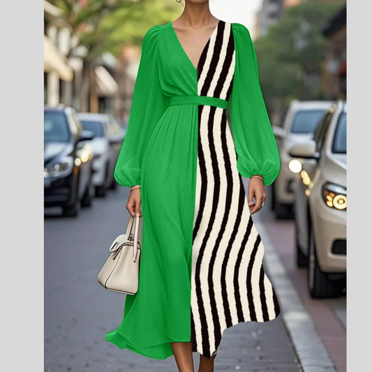Color Block Striped Long Sleeve Midi Dress