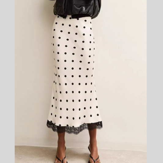 Polka Dot Midi Skirt with Lace Trim