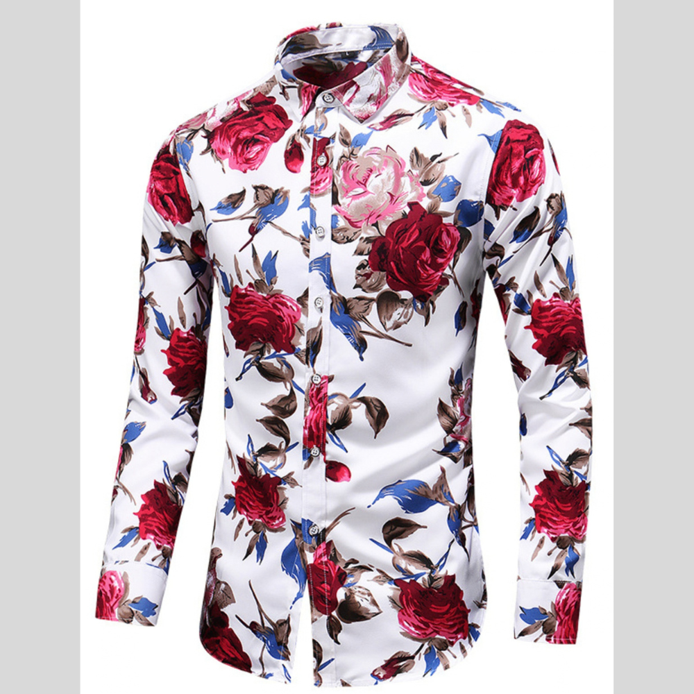 Men's Plus Size Long Sleeve Floral Print Button-Down Shirt
