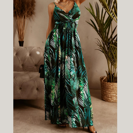 Smocked Printed Surplice Maxi Cami Dress