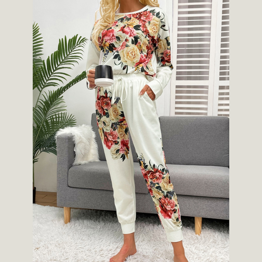 Shiny Printed Round Neck Top and Pants Lounge Set