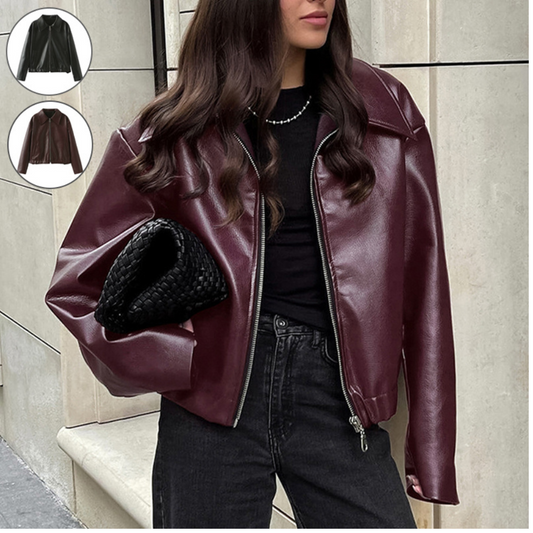 Solid Color Lapel Zipper Jacket Fashion Casual Long Sleeve Leather Coat Tops Women Clothing