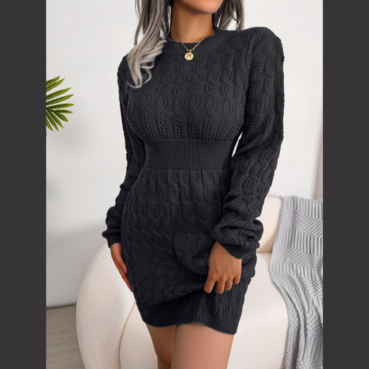 Cable-Knit Round Neck Mini Wrap Sweater Dress