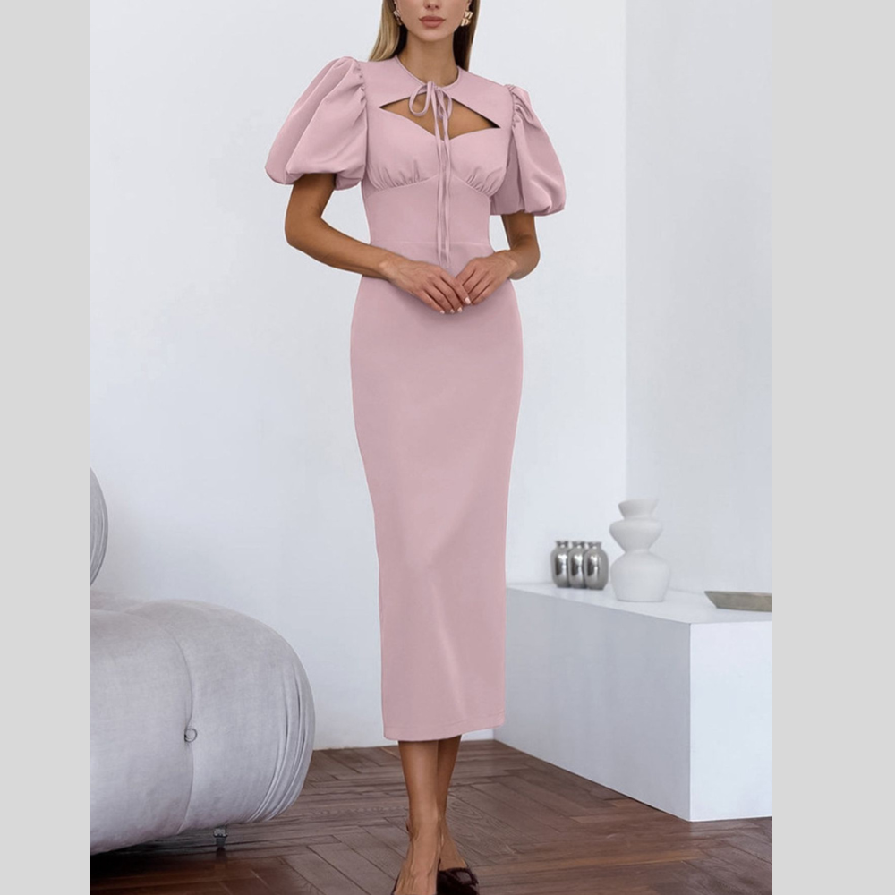 Cutout Front Puff Sleeve Dress
