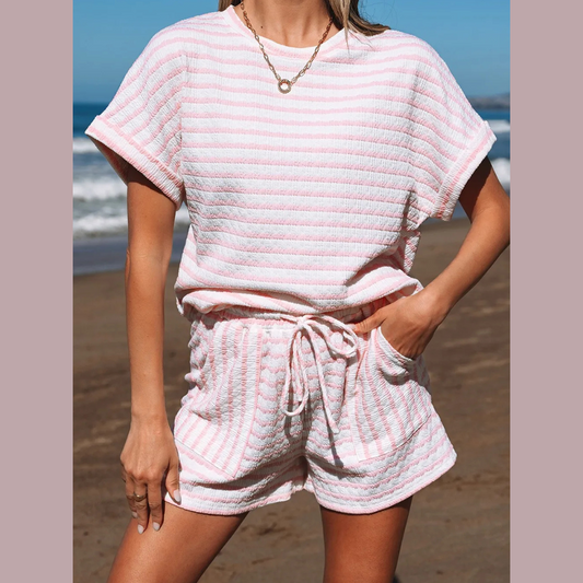 Stripe Knitted Short Sleeve Top and Drawstring Shorts Set