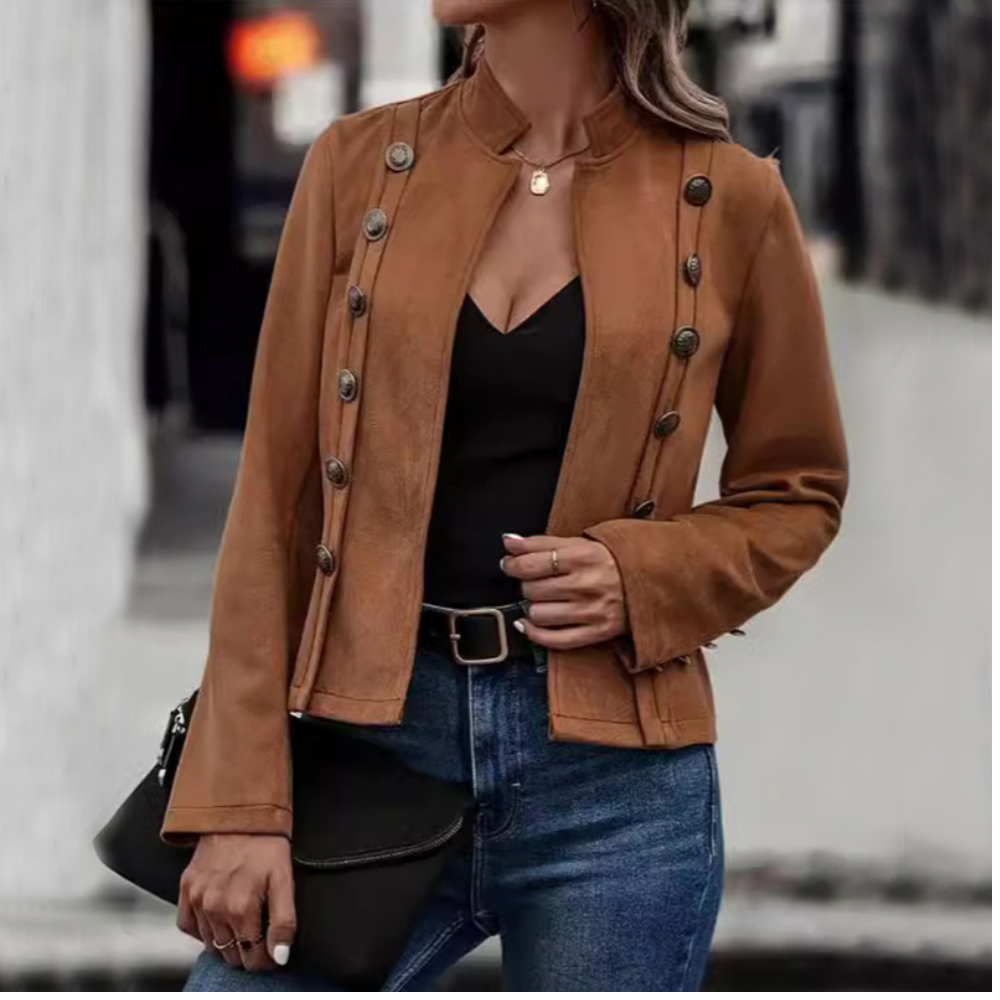 Solid Short Jacket Double Breasted Decorative Design Fashion Retro Suede Long Sleeve Outwear Tops Coat For Womens Clothing