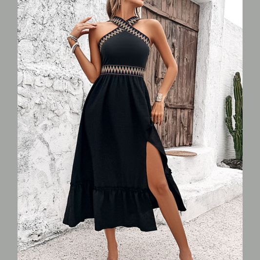 Devine Ruffled Slit Sleeveless Midi Dress