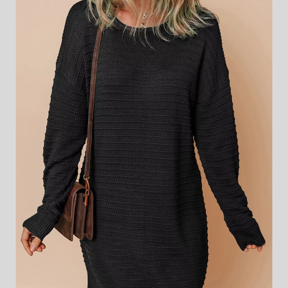 Solid Color Raised Rib Knit Dolman Sleeve Shift Sweater Dress