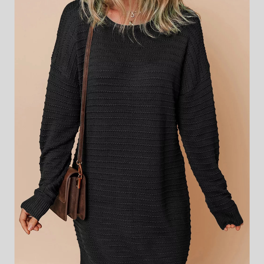 Solid Color Raised Rib Knit Dolman Sleeve Shift Sweater Dress
