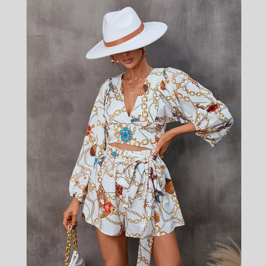 Cutout Front Printed Long Sleeve Romper