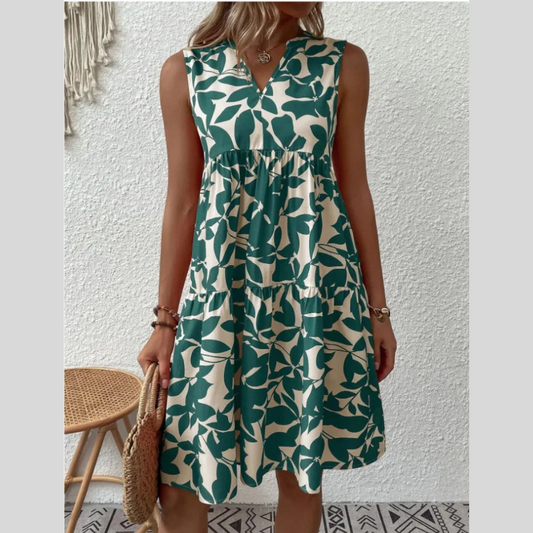 Bohemian Dresses Summer Beach Fashion Loose V-neck Pleated Print Sleeveless Dress For Women