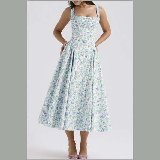 Floral Square Neck Wide Strap Midi Dress
