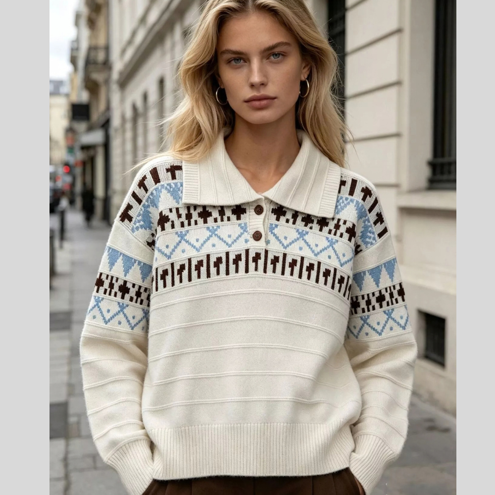Vintage-Inspired Fair Isle Patterned Polo Sweater