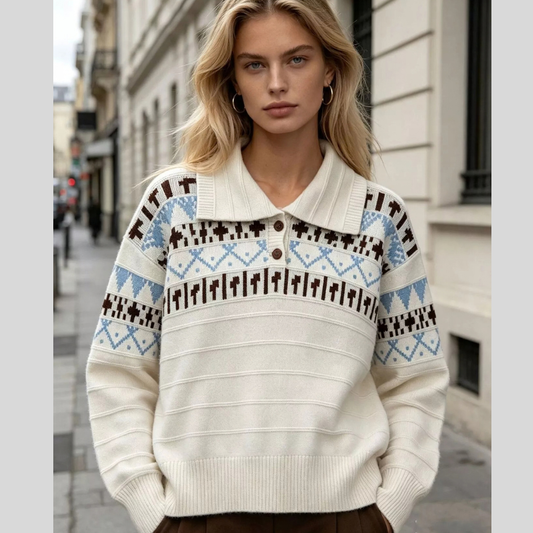 Vintage-Inspired Fair Isle Patterned Polo Sweater