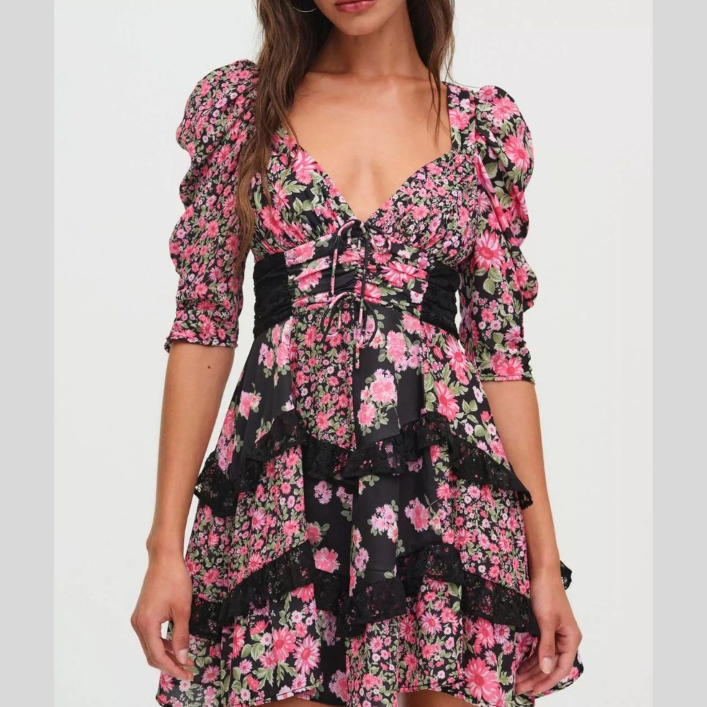 Ruffled Floral Print Half Sleeve Dress