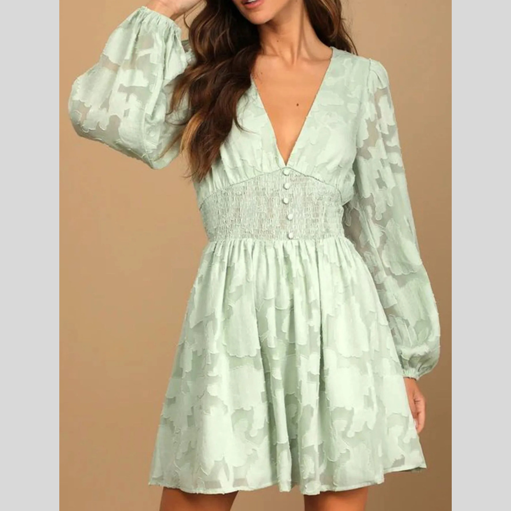 Smocked V-Neck Balloon Sleeve Dress