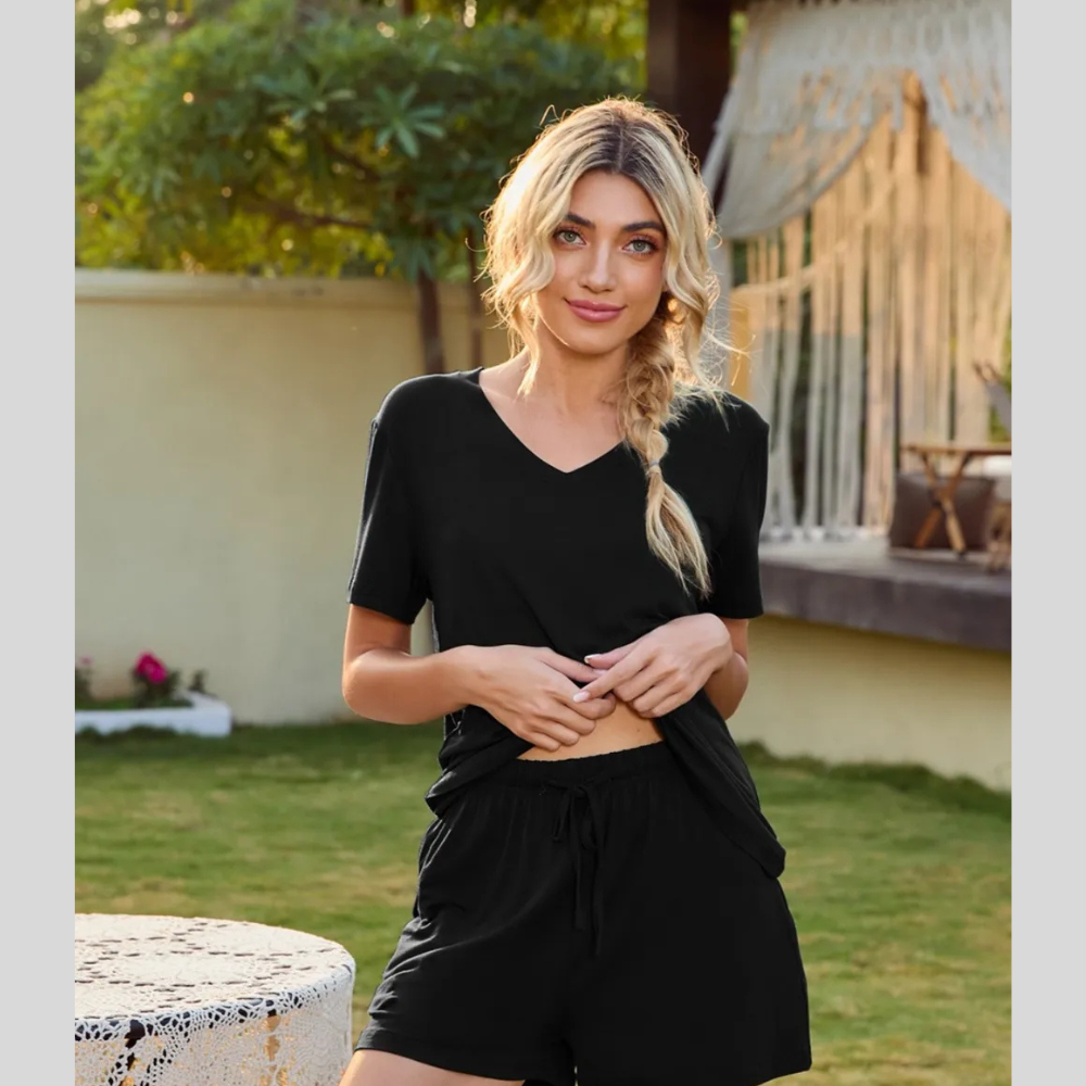 V-Neck Short Sleeve Top and Pocketed Shorts Lounge Set
