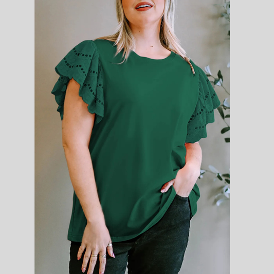 Plus Size Eyelet Round Neck Short Sleeve Blouse