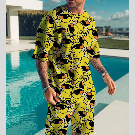 Men's Full Size Printed Short Sleeve Tee and Shorts Plus Size