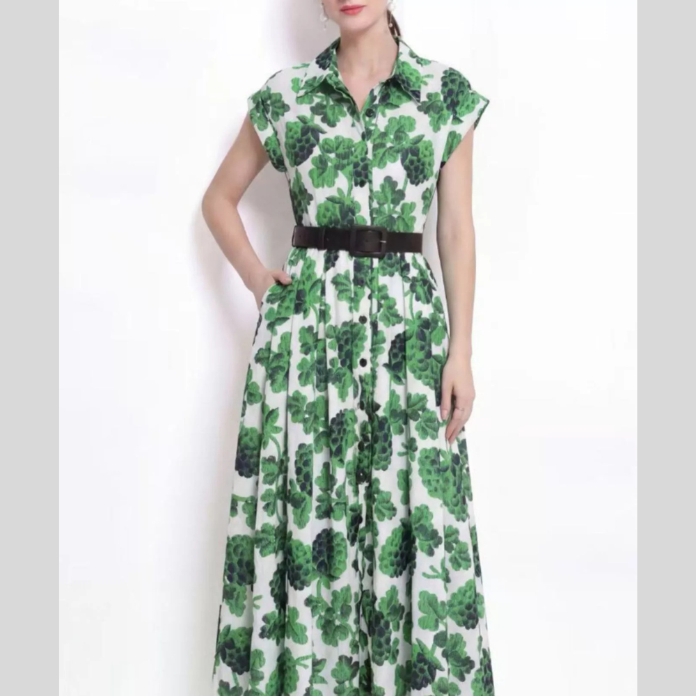 Printed Button Front Cap Sleeve Dress