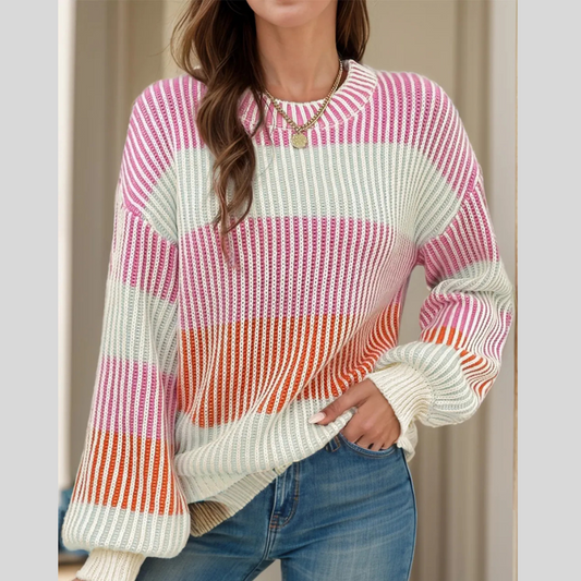 Striped Color Block Round Neck Long Sleeve Sweater