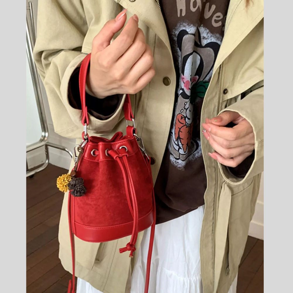 Bucket Crossbody Bag with Pom-Pom Charm
