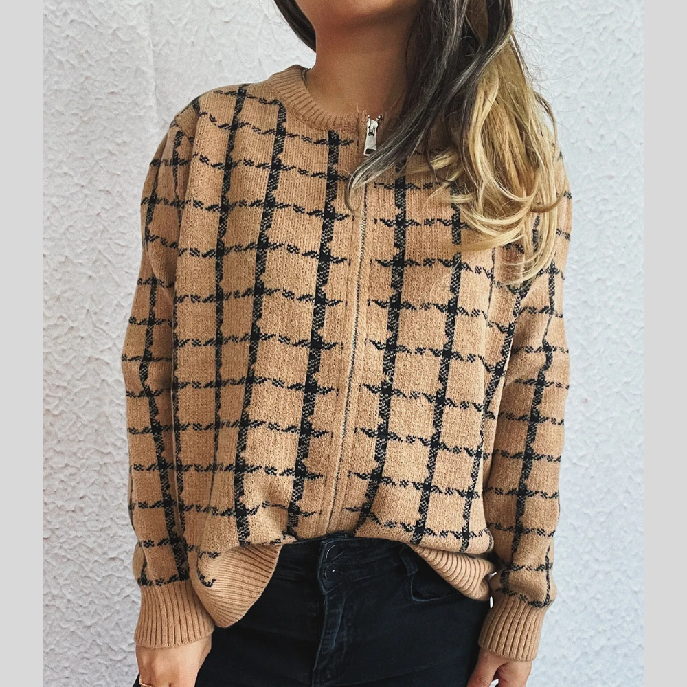 Plaid Pattern Zip Up Cardigan