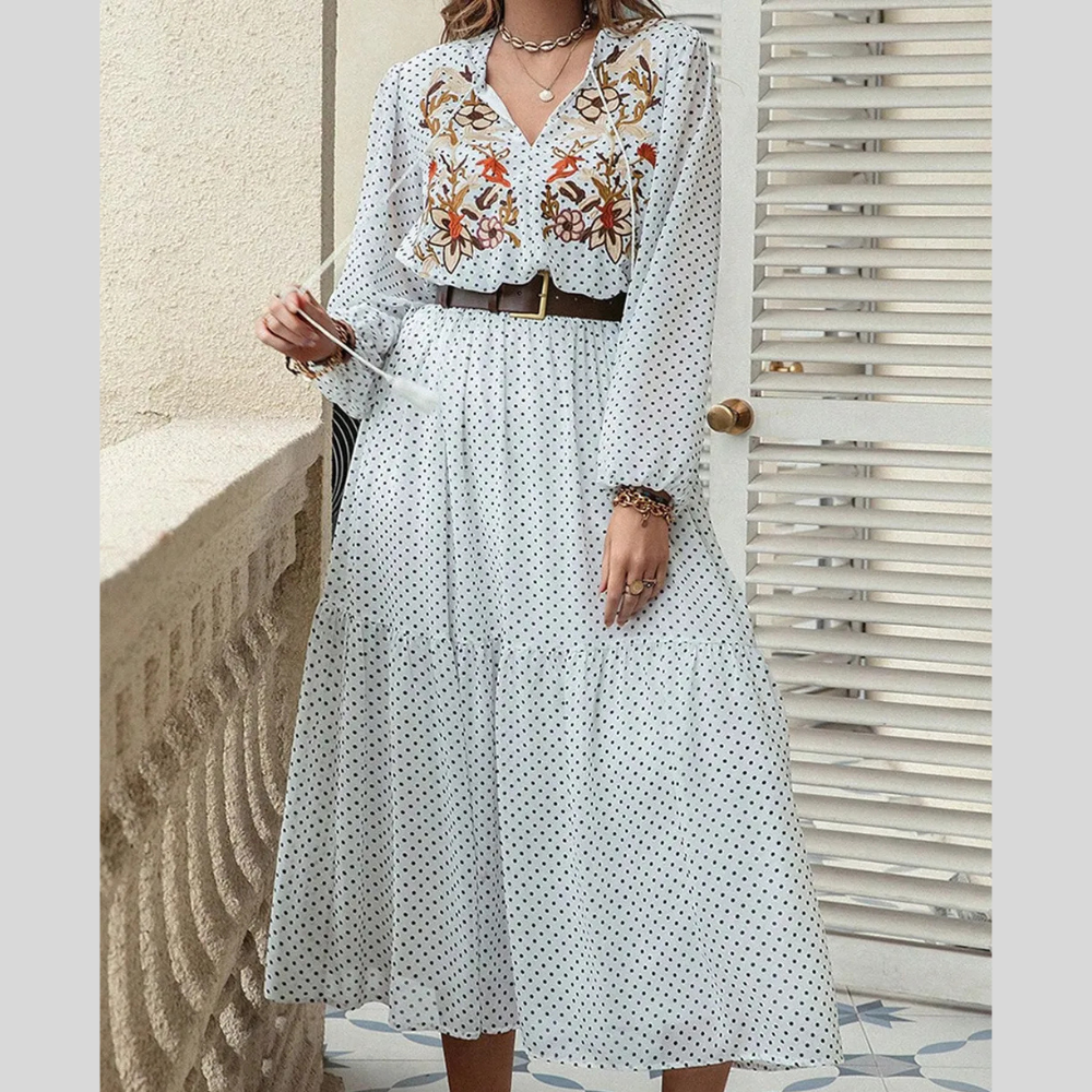 Plus Size Printed Tie Neck Long Sleeve Midi Dress