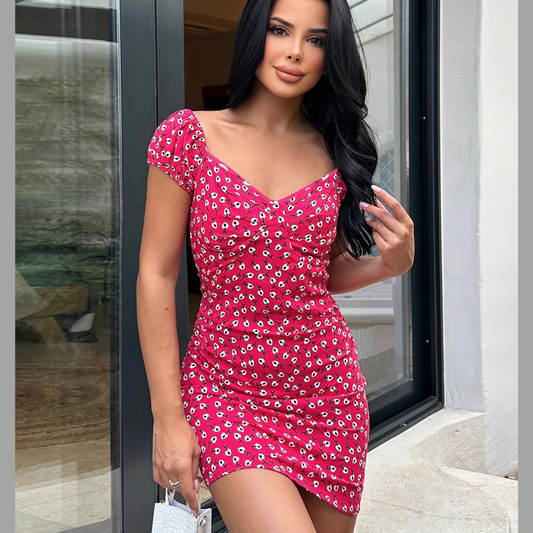 Printed V-Neck Short Sleeve Mini Dress