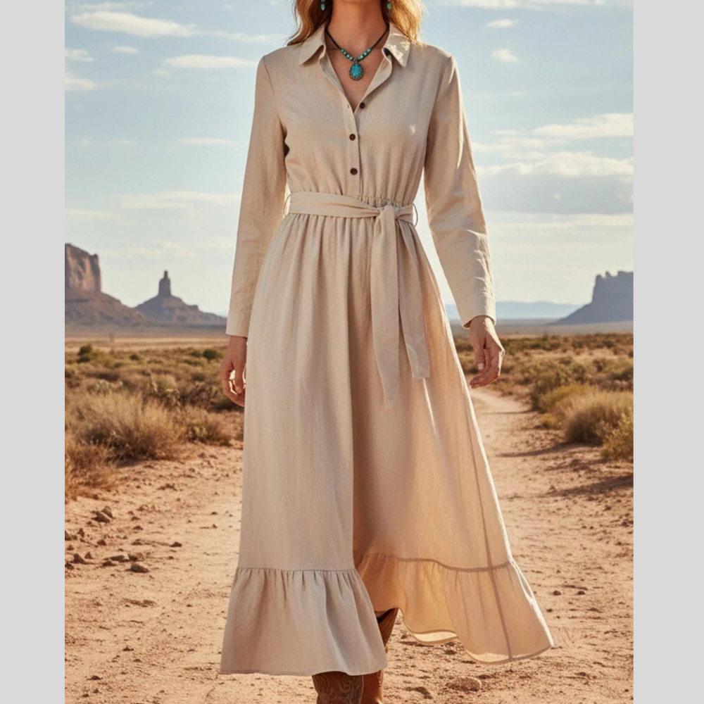 Tie Waist Long Sleeve Ruffled Hem Dress