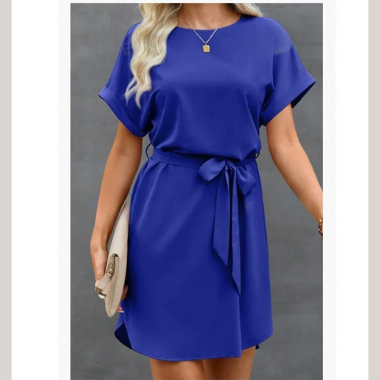 Lace-up Waist Short Sleeve Satin Dress