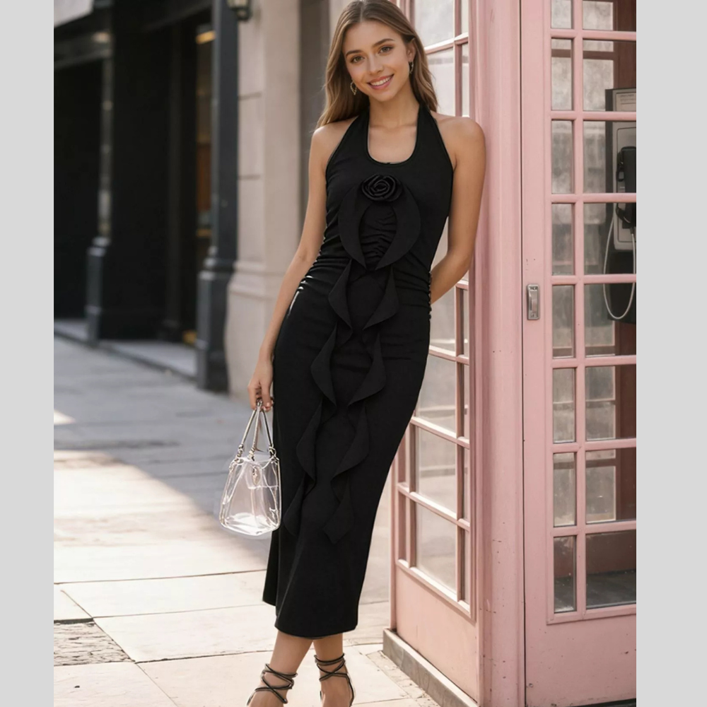 Halter Neck Ruffle Midi Dress