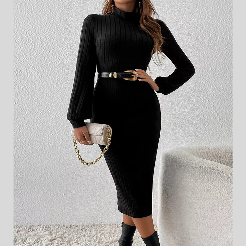 Mock Neck Ribbed Knit Bodycon Midi Dress