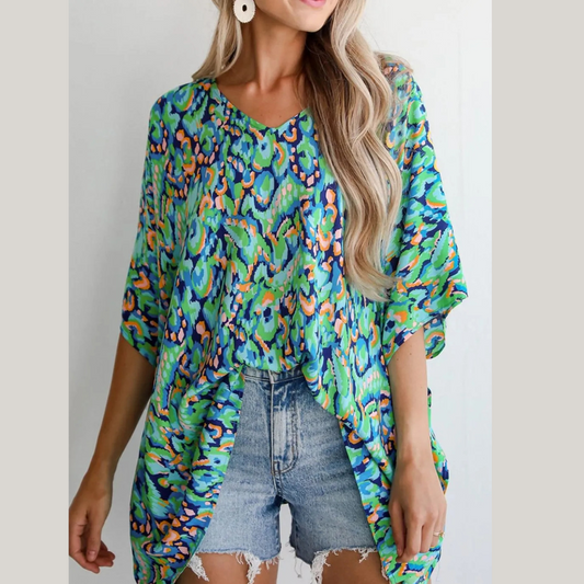 Abstract Print V Neck Half Sleeve Loose Fit Blouse