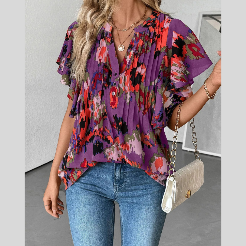 Abstract Print Flutter Sleeve Blouse