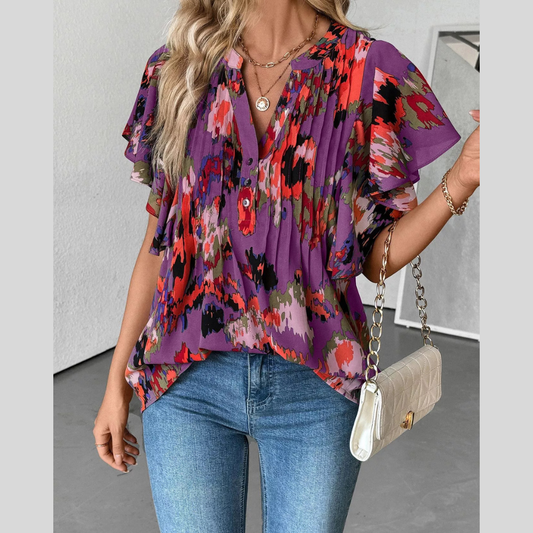 Abstract Print Flutter Sleeve Blouse