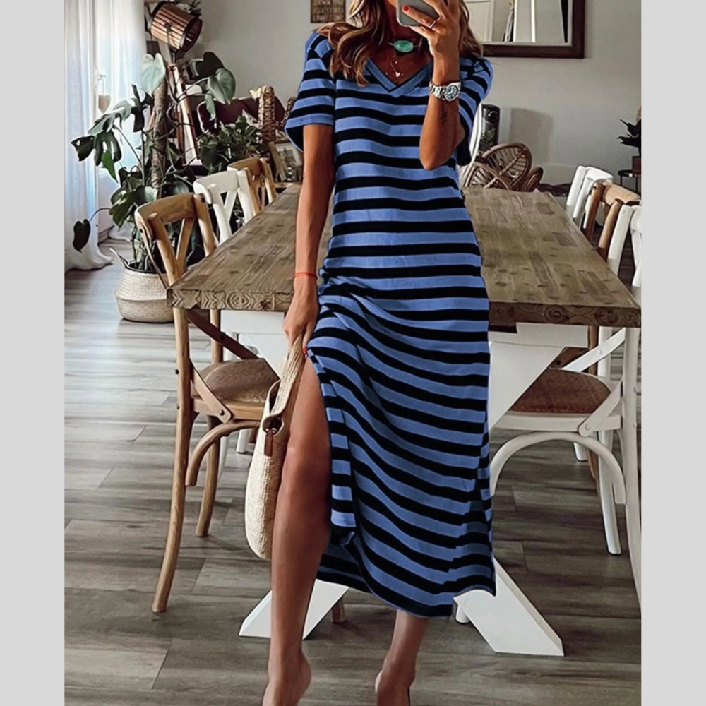 Full Size Striped V-Neck Midi Dress with Side Slit Plus Size